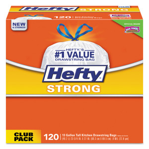 Hefty Strong Tall Kitchen Drawstring Bags, 13 gal, 0.9 mil, 24" x 27.75", White, 120/Box View Product Image