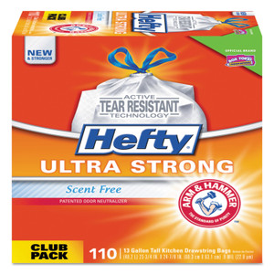 Hefty Ultra Strong Tall Kitchen and Trash Bags, 13 gal, 0.9 mil, 23.75" x 24.88", White, 330/Carton View Product Image