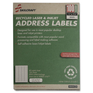 AbilityOne 7530015144911 SKILCRAFT Recycled Laser and Inkjet Labels, Inkjet/Laser Printers, 0.5 x 1.75, White, 80/Sheet, 100 Sheets/Box View Product Image