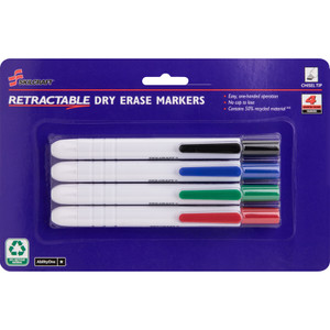 AbilityOne 7520015195769 SKILCRAFT Retractable Dry Erase Marker, Broad Chisel Tip, Assorted Colors, 4/Set View Product Image