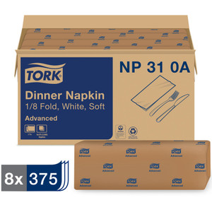 Tork Advanced Dinner Napkins, 2 Ply, 15" x 16.25", 1/8 Fold, White, 375/Packs, 8 Packs/Carton View Product Image