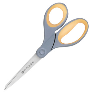 AbilityOne 5110016296575 SKILCRAFT Westcott Titanium Bonded Scissors, 8" Long, 3.5" Cut Length, Gray/Yellow Straight Handle View Product Image