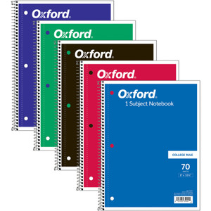 Oxford Coil-Lock Wirebound Notebooks, 1 Subject, Medium/College Rule, Assorted Color Covers, 10.5 x 8, 70 Sheets View Product Image