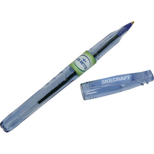 AbilityOne 7520016827166 SKILCRAFT Recycled Water Bottle Stick Pens, 0.5 mm, Blue Ink, Clear barrel, Dozen View Product Image
