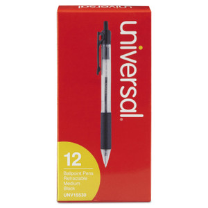 Universal Comfort Grip Retractable Ballpoint Pen, 1mm, Black Ink, Clear Barrel, Dozen View Product Image