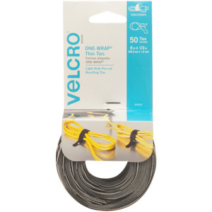 VELCRO Brand ONE-WRAP Pre-Cut Thin Ties, 0.5" x 8", Black/Gray, 50/Pack View Product Image