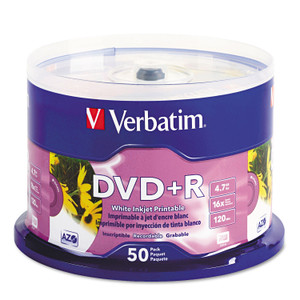 Verbatim Inkjet Printable DVD+R Discs, White, 50/Pack View Product Image