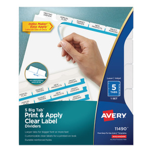 Avery Print and Apply Index Maker Clear Label Dividers, 5 White Tabs, Letter AVE11490 View Product Image