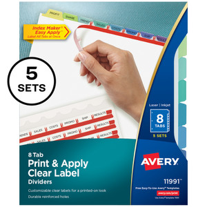 Avery Print and Apply Index Maker Clear Label Dividers, 8 Color Tabs, Letter, 5 Sets AVE11991 View Product Image