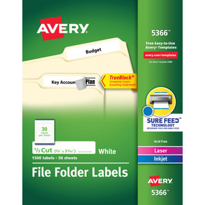 Avery Permanent TrueBlock File Folder Labels with Sure Feed Technology, 0.66 x 3.44, White, 30/Sheet, 50 Sheets/Box AVE5366 View Product Image