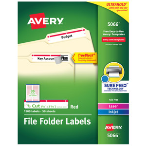 Avery Permanent TrueBlock File Folder Labels with Sure Feed Technology, 0.66 x 3.44, White, 30/Sheet, 50 Sheets/Box AVE5066 View Product Image