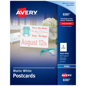 Avery Postcards for Inkjet Printers, 4 1/4 x 5 1/2, Matte White, 4/Sheet, 200/Box View Product Image