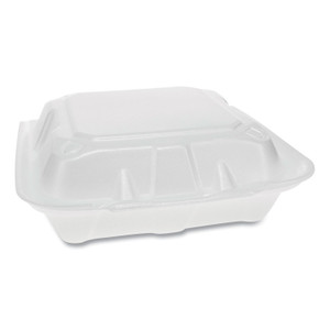 Pactiv Foam Hinged Lid Containers, Dual Tab Lock Economy, 8.42 x 8.15 x 3, 3-Compartment, White, 150/Carton View Product Image