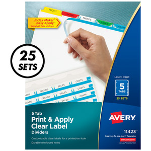 Avery Print and Apply Index Maker Clear Label Dividers, 5 Color Tabs, Letter, 25 Sets AVE11423 View Product Image