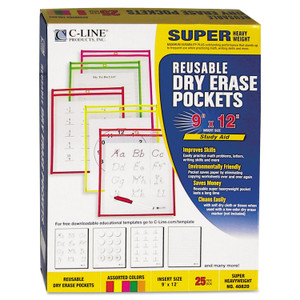 C-Line Reusable Dry Erase Pockets, 9 x 12, Assorted Neon Colors, 25/Box View Product Image