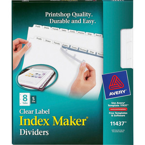 Avery Print and Apply Index Maker Clear Label Dividers, 8 White Tabs, Letter, 5 Sets AVE11437 View Product Image