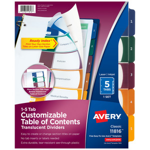 Avery Customizable Table of Contents Ready Index Dividers with Multicolor Tabs, 5-Tab, 1 to 5, 11 x 8.5, Translucent, 1 Set View Product Image