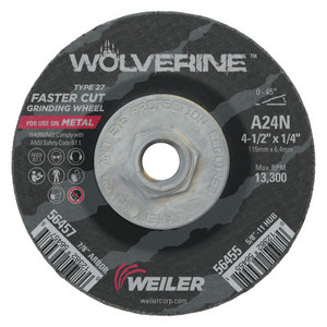 Weiler Wolverine Grinding Wheels, 4 1/2 in Dia, 1/4 in Thick, 5/8 in Arbor, 24 Grit, N View Product Image