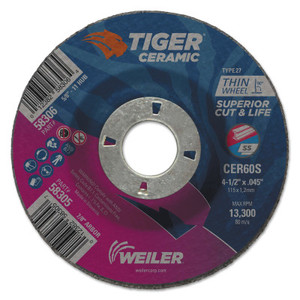 Weiler Tiger Ceramic Cutting Wheel, 4.5in Diameter, 0.045 in Thick, 7/8 in Arbor, 24/bx View Product Image