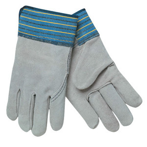 MCR Safety Select Split Cow Gloves, Large, Gray/Brown Fabric w/Yellow/Blue/Black Stripes View Product Image