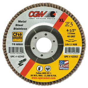 CGW Abrasives Prem Z3 Reg T29 Flap Disc, 4 1/2",40 Grit,7/8 Arbor, 13,300 rpm View Product Image