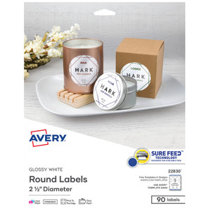Avery Round Print-to-the Edge Labels with SureFeed, 2.5" dia, Glossy White, 90/PK View Product Image