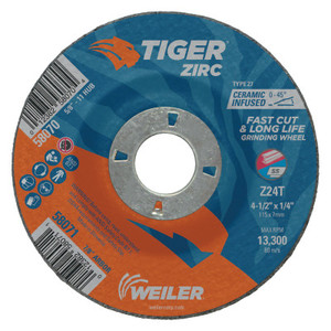 Weiler Tiger Zirc Grinding Wheels, 4 1/2 in Dia, 1/4 in Thick, 7/8 in Arbor View Product Image