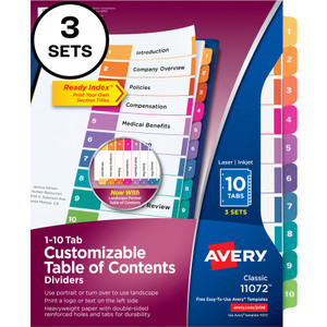 Avery&reg; Customizable Table of Contents Dividers, Ready Index(R) Printable Section Titles, Preprinted 1-10 Multicolor Tabs, 3 Sets (11072) View Product Image