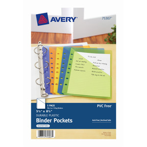 Avery Small Binder Pockets, Standard, 7-Hole Punched, Assorted, 5 1/2 x 9 1/4, 5/Pack View Product Image