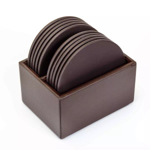 Dacasso Chocolate Brown Leather 10 Round Coaster Set with Holder View Product Image