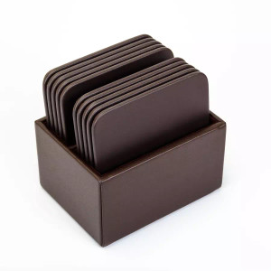 Dacasso Chocolate Brown Leatherette 10 Square Coaster Set with Holder View Product Image