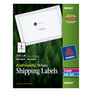 Avery EcoFriendly Mailing Labels, Inkjet/Laser Printers, 3.33 x 4, White, 6/Sheet, 100 Sheets/Pack View Product Image