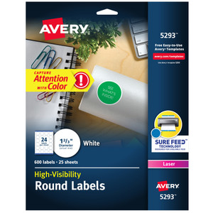Avery Permanent Laser Print-to-the-Edge ID Labels w/SureFeed, 1 2/3"dia, White, 600/PK View Product Image