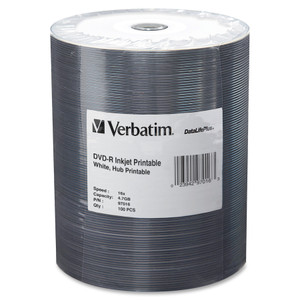 Verbatim DVD-R 4.7GB 16X DataLifePlus White Inkjet Printable, Hub Printable - 100pk Tape Wrap View Product Image