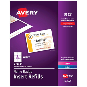 Avery Name Badge Insert Refills, Horizontal/Vertical, 3 x 4, White, 300/Box View Product Image