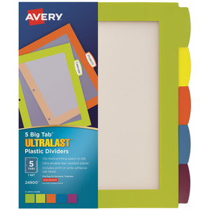 Avery Big Tab Ultralast Plastic Dividers, 5-Tab, 11 x 8.5, Assorted, 1 Set View Product Image