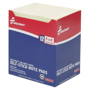 AbilityOne 7530012733755 SKILCRAFT Self-Stick Note Pads, 4 x 6, Lined, Yellow, 100 Sheets, Dozen View Product Image