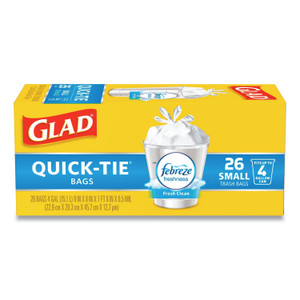 Glad OdorShield Quick-Tie Small Trash Bags, 4 gal, 0.5 mil, 8" x 18", White, 156/Carton View Product Image