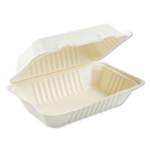 Boardwalk Bagasse Molded Fiber Food Containers, Hinged-Lid, 1-Compartment 9 x 6, White, 125/Sleeve, 2 Sleeves/Carton View Product Image