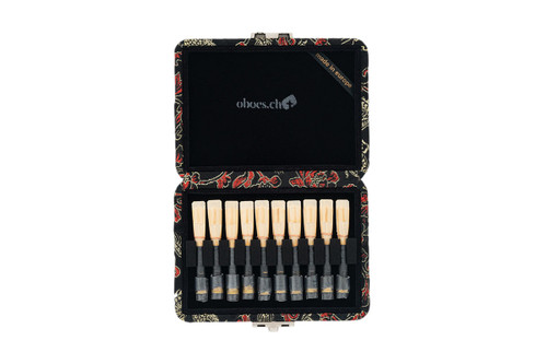 10-Reed English Horn Reed Case in Black and Gold Dragon Print Silk by Oboes.ch