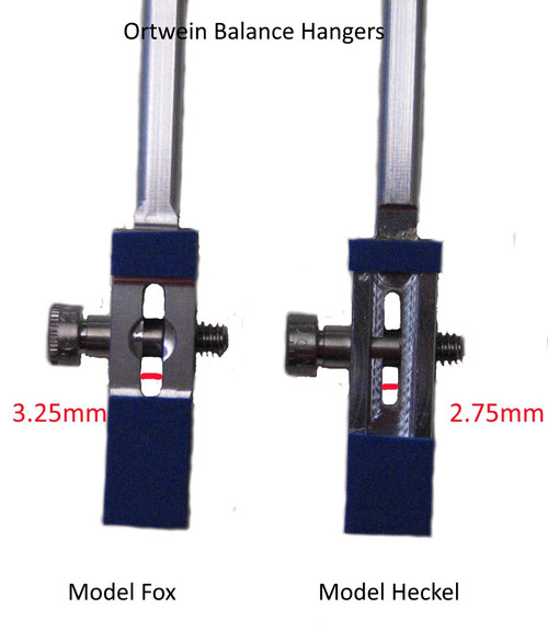 Ortwein Balance Hangers for Bassoon, receiving areas that fit around the neck strap ring have slightly different widths. Our best receiver measurements are that the Heckel hanger is 2.5-3.0mm and that the Fox hanger is 3.0-3.5mm. The indicated 2.75 and 3.25mm may not be perfectly exact.
