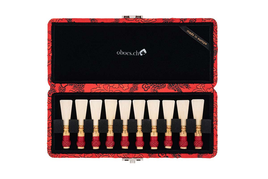 10-Reed Bassoon Reed Cases by Oboes.ch - Silk Red with Black Dragon Design