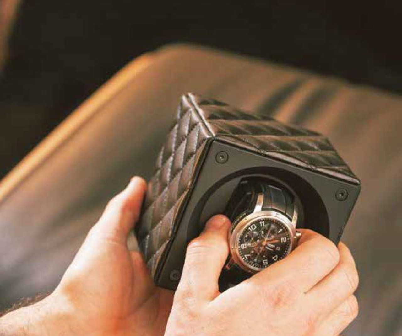 SwissKubik Masterbox Double Watch Winder in Black Racing Leather with Red Stitching