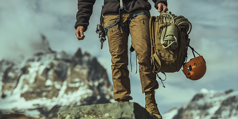Man hiking in mountains carrying backpack with helmet, rope, and other survival gear.