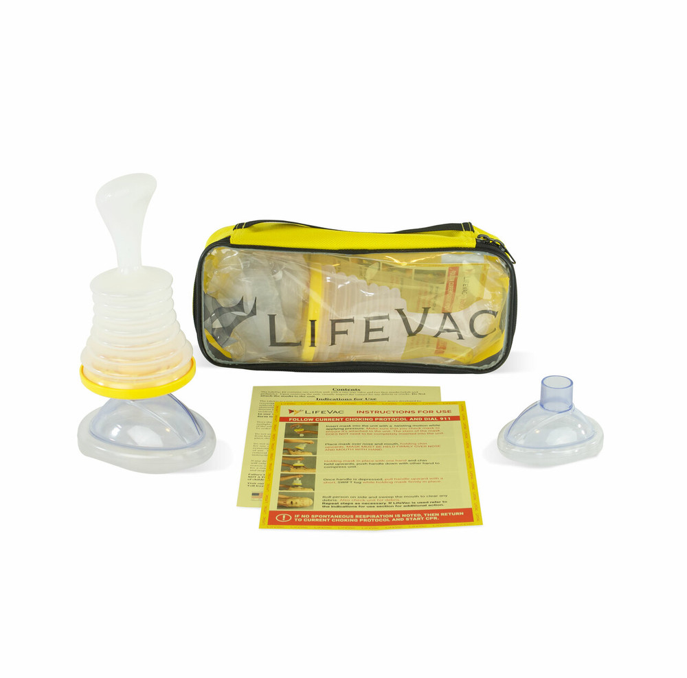 LifeVac Travel Kit - Value $69.95
The LifeVac is a non-invasive, non-powered, portable ACD (Airway Clearance Device) developed to remove an object or food that has become lodged in a person’s throat or windpipe causing airway obstruction. This kit includes:
 - LifeVac Unit
 - 1 adult mask
1 pediatric mask
 - Instructions for Use
 - Choking and Prevention literature
 - Information Page
These items are contained within a convenient, yellow zippered travel bag.