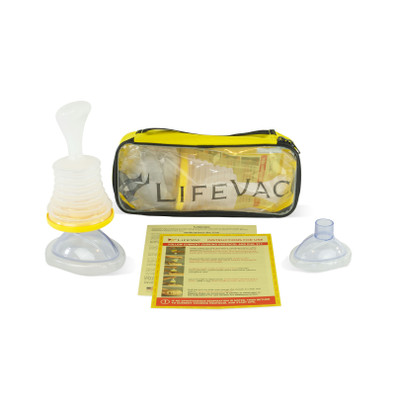 Includes: LifeVac Unit, 1 adult mask, 1 pediatric mask, Instructions for Use, packaged in yellow zippered travel bag.