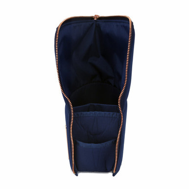 Bdellium Golden Triangle Stand Up Pouch in Blue (unzipped, alternate view). Sold by Norcostco.
