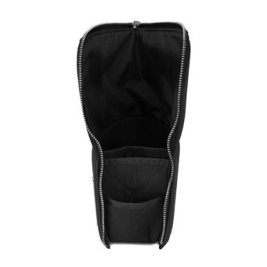 Bdellium Golden Triangle Stand Up Pouch in Black (unzipped, alternate view). Sold by Norcostco.