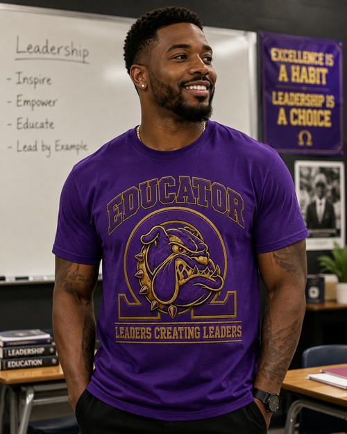 Educator Shirt
Celebrate brotherhood, education, leadership, and service with our Teaching Bruhz Educator Shirt. Designed for teachers, professors, principals, administrators, coaches, counselors, and education professionals, this bold Royal Purple and realistic Old Gold design honors the men who educate, mentor, lead, and uplift the next generation.

Perfect for the classroom, teacher appreciation, back-to-school events, educator conferences, Greek events, homecoming, or everyday wear. The Teaching Bruhz design makes a meaningful gift for educators who take pride in their profession, their purpose, and their brotherhood.