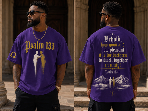 Psalm 133 — Premium Heavyweight Streetwear Tee

Faith. Brotherhood. Unity.

Inspired by the timeless message of Psalm 133:1, this premium Twin Light streetwear design celebrates the strength found in standing together. Royal purple and old gold artwork brings the verse to life, while the imagery of two brothers and the mountain landscape represents fellowship, perseverance, and the journey forward in unity.

Printed on a Shaka Wear premium heavyweight garment-dyed tee, this piece has the substantial feel and structured silhouette that defines elevated streetwear. The heavyweight cotton, relaxed fit, and vintage-inspired cream finish create a premium foundation for the detailed front-and-back artwork.

The front features “Psalm 133” with two figures standing together, while the back carries the powerful words:

“Behold, how good and how pleasant it is for brethren to dwell together in unity!” — Psalm 133:1

Designed for those who understand that brotherhood is more than a word—it is how we stand, walk, and grow together.

Premium Details: 7.5 oz heavyweight 100% cotton • garment-dyed Cream • structured streetwear fit • premium DTF front, back & sleeve artwork • available S–5XL • made to order